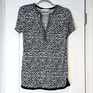 Tory Burch Navy White Nic Printed Linen Tunic Top Split Neck XS Designer